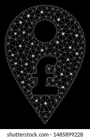 Glossy mesh pound map marker with lightspot effect. Abstract illuminated model of pound map marker icon. Shiny wire carcass polygonal mesh pound map marker. Vector abstraction on a black background.