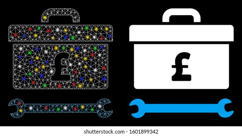 Glossy mesh pound toolbox icon with glitter effect. Abstract illuminated model of pound toolbox. Shiny wire carcass polygonal mesh pound toolbox icon. Vector abstraction on a black background.