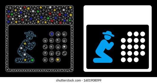 Glossy mesh pray calendar icon with glow effect. Abstract illuminated model of pray calendar. Shiny wire frame polygonal mesh pray calendar icon. Vector abstraction on a black background.
