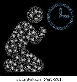 Glossy mesh pray time with glare effect. Abstract illuminated model of pray time icon. Shiny wire frame triangular mesh pray time. Vector abstraction on a black background.