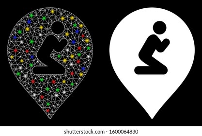 Glossy mesh prayer map marker icon with glitter effect. Abstract illuminated model of prayer map marker. Shiny wire carcass triangular mesh prayer map marker icon.