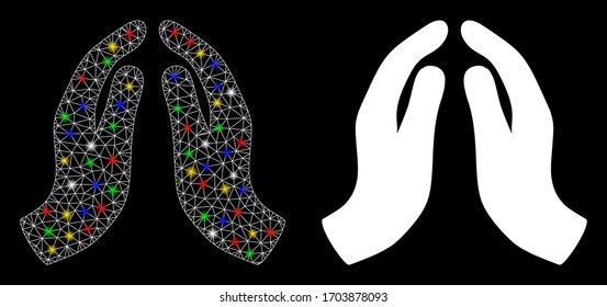Glossy mesh praying hands with lightspot effect. Abstract illuminated model of praying hands icon. White wire frame polygonal network praying hands and base icon.