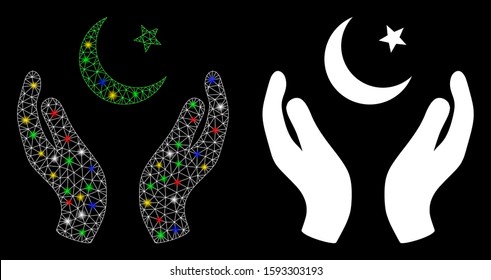 Glossy mesh praying muslim hands icon with glare effect. Abstract illuminated model of praying muslim hands. Shiny wire carcass triangular network praying muslim hands icon.