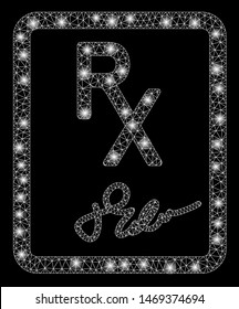 Glossy mesh prescription page with glare effect. Abstract illuminated model of prescription page icon. Shiny wire frame polygonal mesh prescription page. Vector abstraction on a black background.