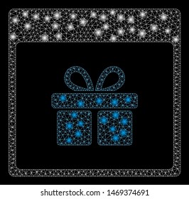Glossy mesh present box calendar page with glare effect. Abstract illuminated model of present box calendar page icon. Shiny wire frame polygonal mesh present box calendar page.