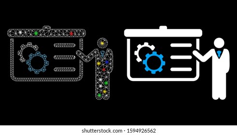 Glossy mesh presentation icon with sparkle effect. Abstract illuminated model of presentation. Shiny wire frame triangular mesh presentation icon. Vector abstraction on a black background.