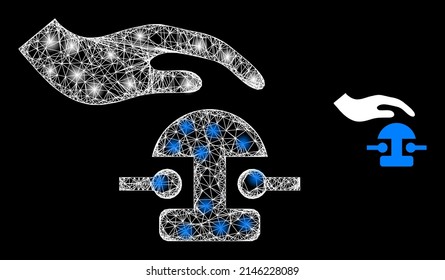 Glossy mesh press bell with light spots. Linear carcass flat mesh generated with crossed white lines and press bell icon. White mesh and sparkle carcass mesh press bell on a black background.