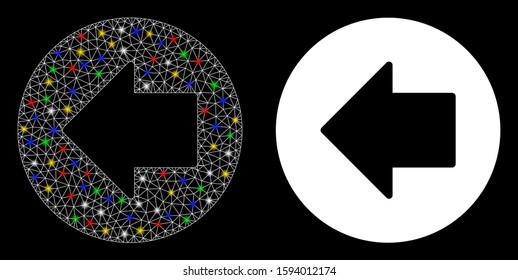 Glossy mesh previous arrow icon with glare effect. Abstract illuminated model of previous arrow. Shiny wire carcass triangular mesh previous arrow icon. Vector abstraction on a black background.