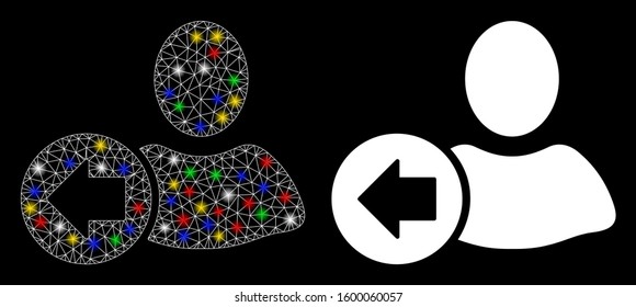 Glossy mesh previous user icon with glitter effect. Abstract illuminated model of previous user. Shiny wire frame polygonal mesh previous user icon. Vector abstraction on a black background.