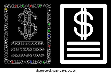 Glossy mesh price-list icon with glitter effect. Abstract illuminated model of price-list. Shiny wire frame triangular mesh price-list icon. Vector abstraction on a black background.