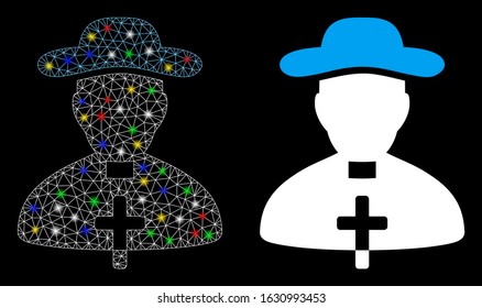 Glossy mesh priest icon with glitter effect. Abstract illuminated model of priest. Shiny wire carcass polygonal mesh priest icon. Vector abstraction on a black background.