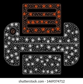 Glossy mesh print with glare effect. Abstract illuminated model of print icon. Shiny wire frame polygonal mesh print. Vector abstraction on a black background.