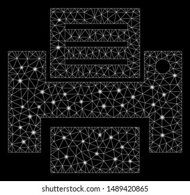 Glossy mesh print with glitter effect. Abstract illuminated model of print icon. Shiny wire carcass triangular network print. Vector abstraction on a black background.