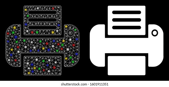 Glossy mesh printer icon with glow effect. Abstract illuminated model of printer. Shiny wire frame polygonal mesh printer icon. Vector abstraction on a black background.