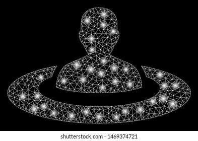 Glossy mesh prison with glow effect. Abstract illuminated model of prison icon. Shiny wire frame polygonal network prison. Vector abstraction on a black background.