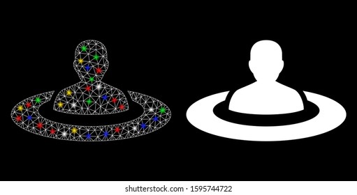Glossy mesh prison icon with sparkle effect. Abstract illuminated model of prison. Shiny wire carcass triangular mesh prison icon. Vector abstraction on a black background.