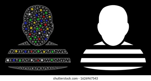 Glossy mesh prisoner person icon with glow effect. Abstract illuminated model of prisoner person. Shiny wire frame polygonal mesh prisoner person icon. Vector abstraction on a black background.