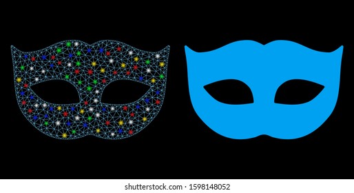 Glossy mesh privacy mask icon with sparkle effect. Abstract illuminated model of privacy mask. Shiny wire frame triangular mesh privacy mask icon. Vector abstraction on a black background.