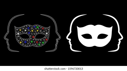 Glossy mesh private party mask icon with glow effect. Abstract illuminated model of private party mask. Shiny wire carcass polygonal network private party mask icon.