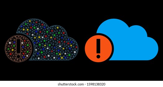 Glossy mesh problem icon with glare effect. Abstract illuminated model of problem. Shiny wire carcass triangular mesh problem icon. Vector abstraction on a black background.