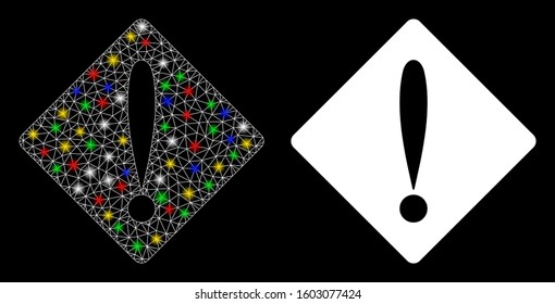 Glossy mesh problem icon with lightspot effect. Abstract illuminated model of problem. Shiny wire carcass polygonal mesh problem icon. Vector abstraction on a black background.