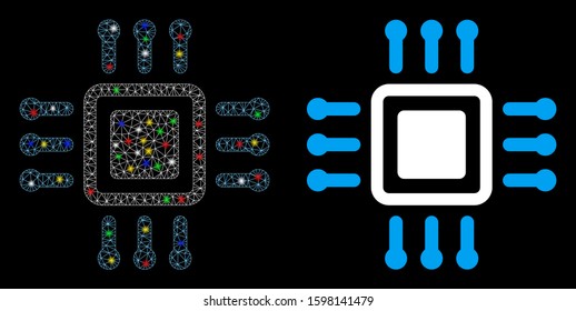 Glossy mesh processor icon with glare effect. Abstract illuminated model of processor. Shiny wire frame polygonal mesh processor icon. Vector abstraction on a black background.
