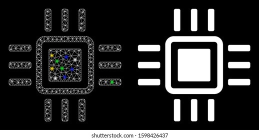 Glossy mesh processor icon with glow effect. Abstract illuminated model of processor. Shiny wire carcass polygonal mesh processor icon. Vector abstraction on a black background.