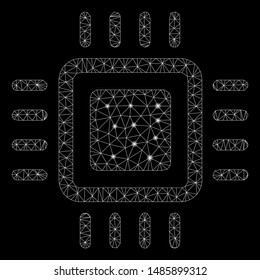 Glossy mesh processor with lightspot effect. Abstract illuminated model of processor icon. Shiny wire frame triangular mesh processor. Vector abstraction on a black background.