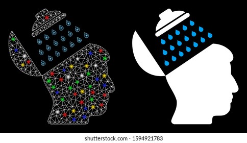 Glossy mesh propaganda brain shower icon with glitter effect. Abstract illuminated model of propaganda brain shower. Shiny wire frame triangular mesh propaganda brain shower icon.