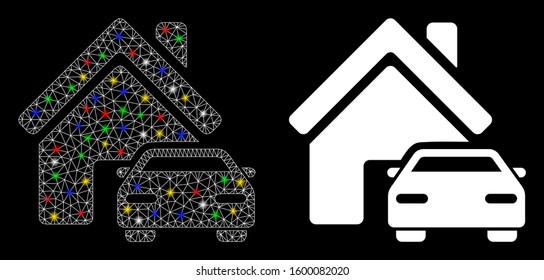Glossy mesh property icon with lightspot effect. Abstract illuminated model of property. Shiny wire carcass triangular mesh property icon. Vector abstraction on a black background.