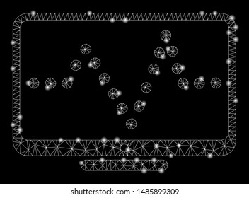 Glossy mesh pulse chart with sparkle effect. Abstract illuminated model of pulse chart icon. Shiny wire carcass triangular mesh pulse chart. Vector abstraction on a black background.