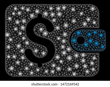 Glossy mesh purse with sparkle effect. Abstract illuminated model of purse icon. Shiny wire carcass triangular mesh purse. Vector abstraction on a black background.
