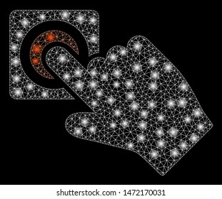 Glossy mesh push alarm button with sparkle effect. Abstract illuminated model of push alarm button icon. Shiny wire frame polygonal mesh push alarm button. Vector abstraction on a black background.
