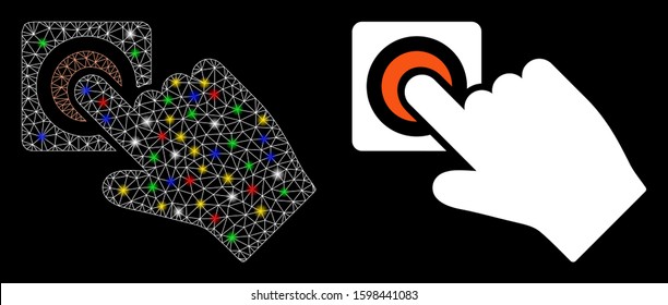 Glossy mesh push alarm button icon with glow effect. Abstract illuminated model of push alarm button. Shiny wire carcass triangular mesh push alarm button icon.