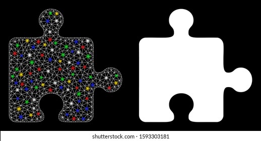Glossy mesh puzzle plugin icon with lightspot effect. Abstract illuminated model of puzzle plugin. Shiny wire carcass triangular mesh puzzle plugin icon. Vector abstraction on a black background.