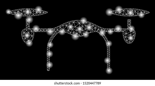 Glossy mesh quadcopter with glare effect. Abstract illuminated model of quadcopter icon. Shiny wire carcass triangular mesh quadcopter. Vector abstraction on a black background.