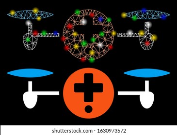 Glossy mesh quadcopter pharmacy icon with glow effect. Abstract illuminated model of quadcopter pharmacy. Shiny wire frame polygonal mesh quadcopter pharmacy icon.