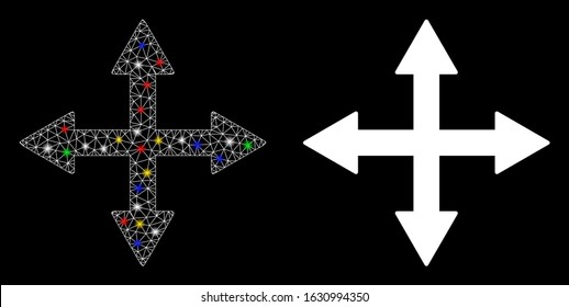 Glossy mesh quadro arrows icon with lightspot effect. Abstract illuminated model of quadro arrows. Shiny wire frame polygonal mesh quadro arrows icon. Vector abstraction on a black background.