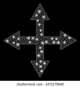 Glossy mesh quadro arrows with lightspot effect. Abstract illuminated model of quadro arrows icon. Shiny wire frame polygonal mesh quadro arrows. Vector abstraction on a black background.