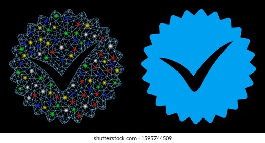 Glossy mesh quality icon with glow effect. Abstract illuminated model of quality. Shiny wire frame polygonal network quality icon. Vector abstraction on a black background.