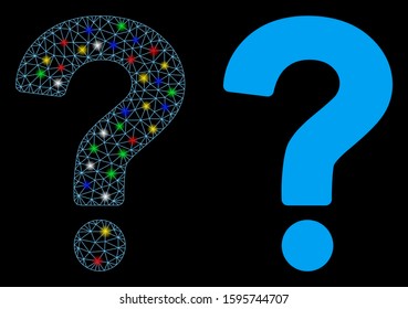 Glossy mesh query icon with sparkle effect. Abstract illuminated model of query. Shiny wire carcass polygonal network query icon. Vector abstraction on a black background.