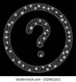 Glossy mesh question with glare effect. Abstract illuminated model of question icon. Shiny wire carcass triangular network question. Vector abstraction on a black background.