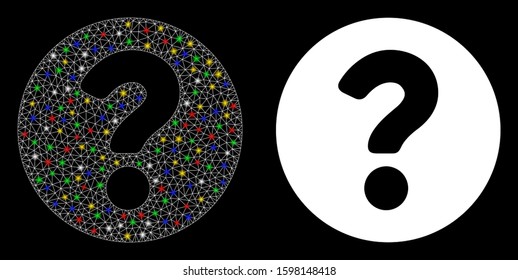 Glossy mesh question icon with glare effect. Abstract illuminated model of question. Shiny wire frame triangular mesh question icon. Vector abstraction on a black background.