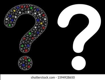 Glossy mesh question icon with glitter effect. Abstract illuminated model of question. Shiny wire carcass polygonal mesh question icon. Vector abstraction on a black background.