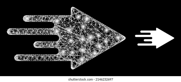 Glossy Mesh Schnellpfeil mit leuchtenden Flecken. Flachgewebe aus Draht, erzeugt mit gekreuzten weißen Linien und Pfeilsymbol. Weiße Masche und glänzende Masche schnelles Armband auf schwarzem Hintergrund.