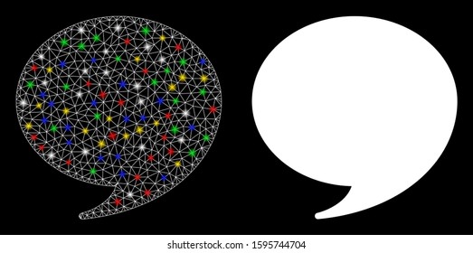 Glossy mesh quote icon with lightspot effect. Abstract illuminated model of quote. Shiny wire frame polygonal network quote icon. Vector abstraction on a black background.