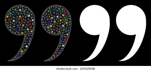 Glossy mesh quote symbol icon with sparkle effect. Abstract illuminated model of quote symbol. Shiny wire frame polygonal mesh quote symbol icon. Vector abstraction on a black background.