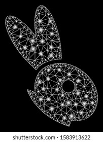 Glossy mesh rabbit head with lightspot effect. Abstract illuminated model of rabbit head icon. Shiny wire frame triangular mesh rabbit head. Vector abstraction on a black background.