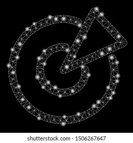Glossy mesh radar with lightspot effect. Abstract illuminated model of radar icon. Shiny wire frame triangular mesh radar. Vector abstraction on a black background.