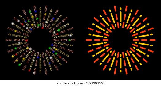 Glossy mesh radiation rays icon with glow effect. Abstract illuminated model of radiation rays. Shiny wire frame triangular mesh radiation rays icon. Vector abstraction on a black background.